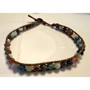 Handmade Artisan‎ Leather And Semi-Precious Stone Beaded Wrap Bracelet Or Choker